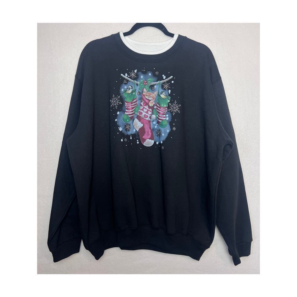 Top Stitch by Morning Sun Women's Long Sleeve Christmas Cat Sweatshirt Size 2X